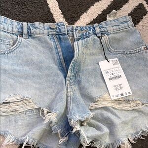 Zara Faded Blue Frayed Jean Shorts